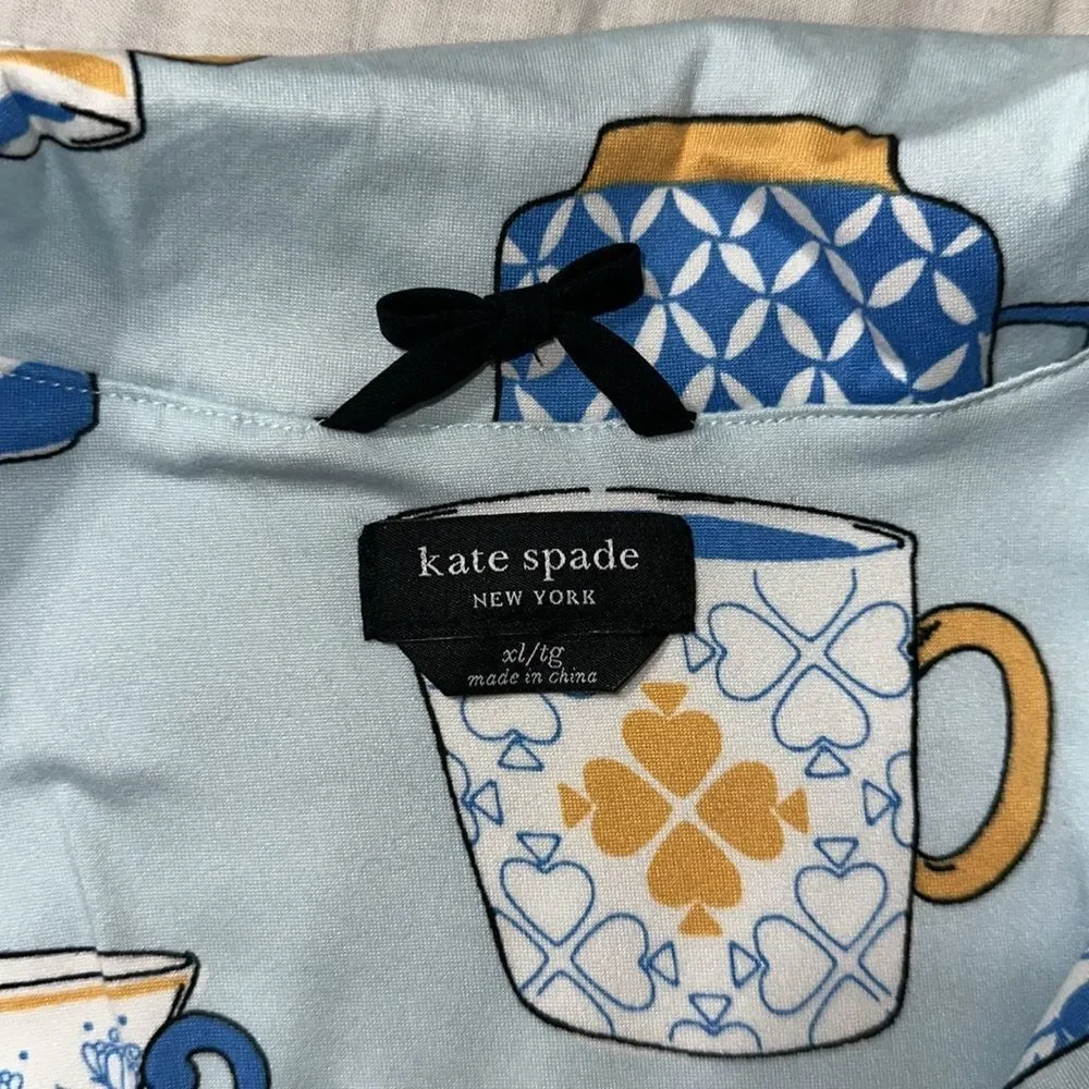 kate spade XL Light Blue Tea Coffee Print Notch Collar 3/4 Sleeve Pants PJ Set